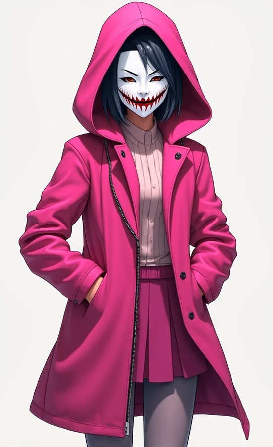  Selene is a woman of medium height ,  but her presence is discreet .  She wears a vibrant pink attention-grabbing hooded coat,  combined with a skirt and a knitted pants . Her white plastic mask ,  with a disturbing smile , hides her face ,  creating an a...