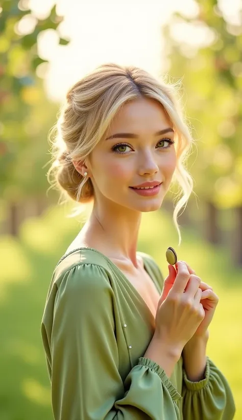 Pistachio
A graceful woman with pistachio-green eyes and fair, smooth skin. Her light blonde hair, tied in a bun, has subtle green highlights. She wears an elegant pistachio-green satin blouse with pearl accents. Looks hot Background: a serene orchard with...