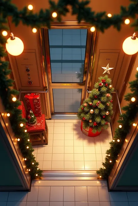 In a Christmas-decorated elevator  birds eye  