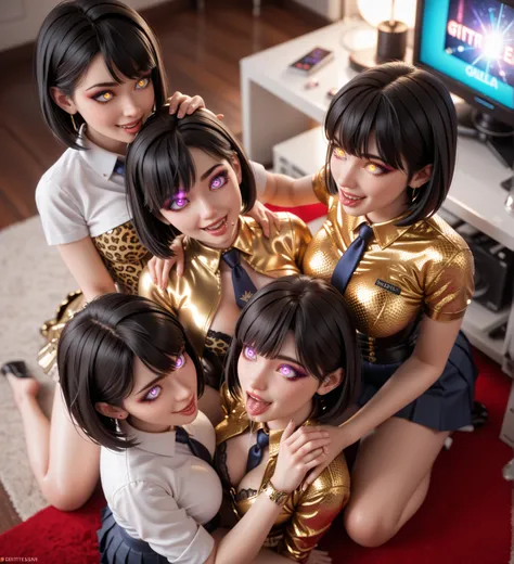 4 girls,    In extremely tight-fitting  , glittering ,  golden latex polo shirt   , bob cut,    black hair , Lens reflection,    reflective light   ,    high resolution ,    masterpiece,     sitting at the television in the apartment, startled,   glowing e...