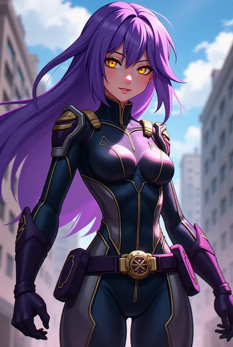 Zenji Chronos ,  woman in Boku no Hero ,  with purple hair with white highlights and gold eyes,  wearing her full body hero costume , different and original