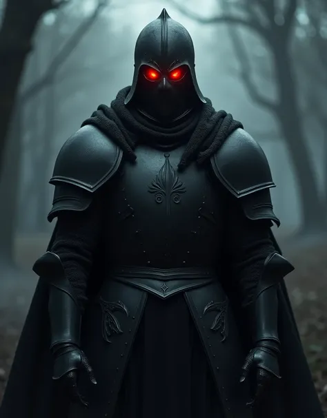 A medieval knight clad in dark armor, wearing a black helmet that entirely conceals his face except for his piercing, glowing red eyes. with smooth, shadowy contours and subtle engravings. The knight stands in a foreboding setting, such as a misty battlefi...