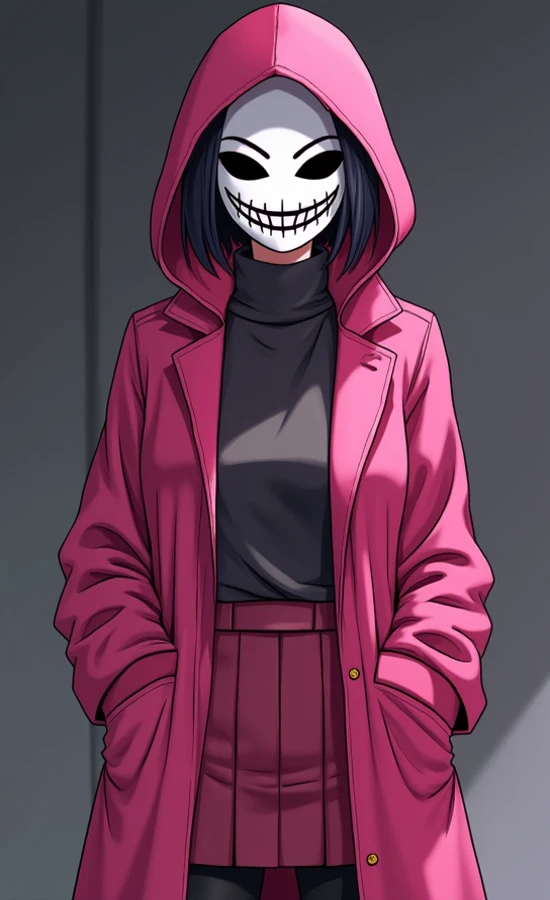 Selene is a woman of medium height ,  but her presence is discreet .  She wears a vibrant pink attention-grabbing hooded coat,  combined with a skirt and a knitted pants . Her white plastic mask ,  with a disturbing smile , hides her face com mancha de san...