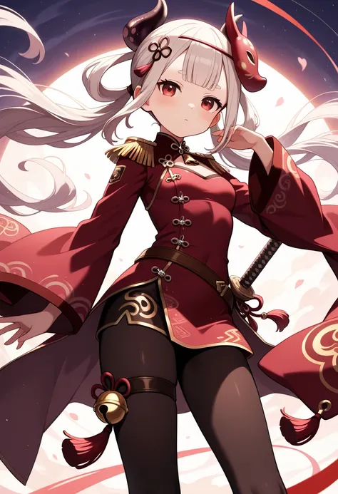 naraka,hair ornament, mask on head, long sleeves, wide sleeves, epaulettes, black pantyhose, thigh strap, bell