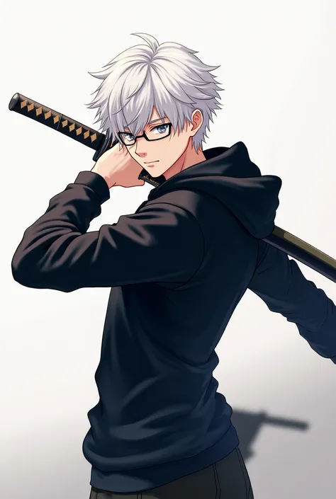 A WHITE-HAIRED MALE ANIME WEARING A BLACK SWEATER WITH A LONG-SLEEVED HOOD, LONG LEGS, GRAY EYES, ABOUT 20 TO 30 YEARS OLD, WEARING GLASSES, SPAI SWEPT HIS SWORD BEHIND HIS BACK WITH HIS LEFT HAND.