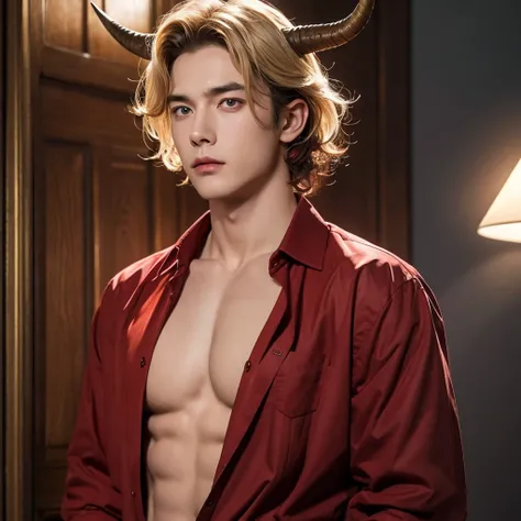 A man with pale skin, curly blond hair with red streaks in the front, scarlet eyes, horns like a tiefing, a broad chest, a shirt that reveals the cleavage of his breasts.