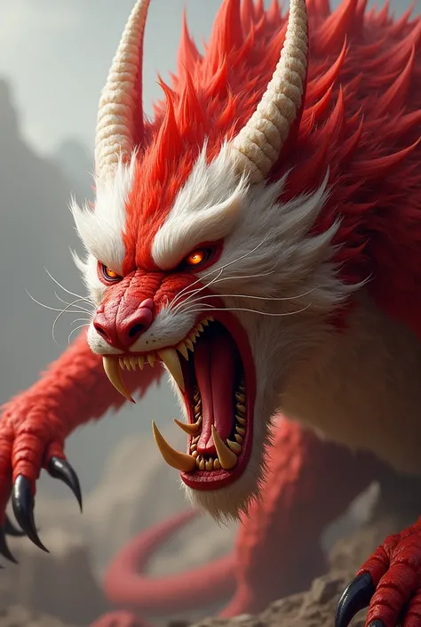 a close up of a red and white monster with claws and claws, by Yang J, lord of beasts, from pathfinder, fire lion, tiger_beast, manticore, by Ryan Yee, chimera, as a d & d monster, one a demon-like creature, one a demon - like creature, furry fantasy art, ...