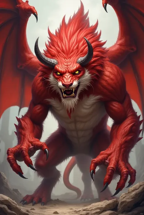 a close up of a red and white monster with claws and claws, by Yang J, lord of beasts, from pathfinder, fire lion, tiger_beast, manticore, by Ryan Yee, chimera, as a d & d monster, one a demon-like creature, one a demon - like creature, furry fantasy art, ...