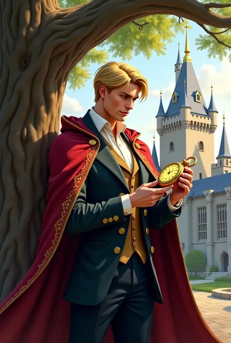  image depicts a young blond man of enormous beauty, And masculine , Wearing a cloak in wizard costume , wearing a suit and gravat . He is under a tree holding and looking at a gold pocket watch In the background, a castle,  suggesting that he is in a magi...