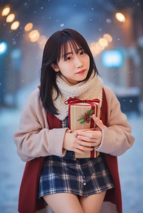 (、  I wear winter clothes and a scarf coat 、  I have long hair whistles  :1.5)、( Modest smile  、  gloves and gift boxes  :1.5)、(snowy winter night、 street corners and Christmas lights  :1.5)、(  Perfect Anatomy:1.3)、(No mask:1.3)、(   perfect for fingertips ...