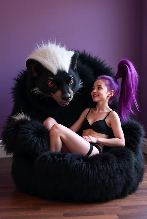 In a bark purple room a giant evil skunk with black and white fluffy fur red eyes and big feet is laying on a giant dog bed made of black fur laying with the skunk is a young crying princes wearing nothing but a black bra and underwear with long purple hai...