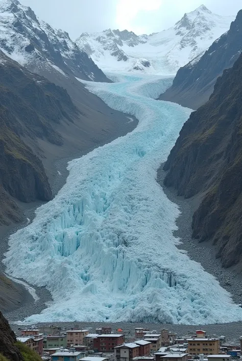 "Massive ice avalanche ,  rocks and mud descending from the snowy Huascarán ,  huge wall of debris approaching Yungay ,  small buildings visible below for scale,  terrifying force of nature ,  wide aerial shot that captures the scale ,  hyperrealistic phot...