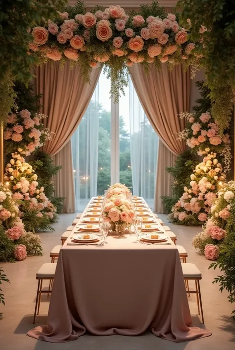 Decoration of the venue as a background for marriage, with a rectangular table in the middle