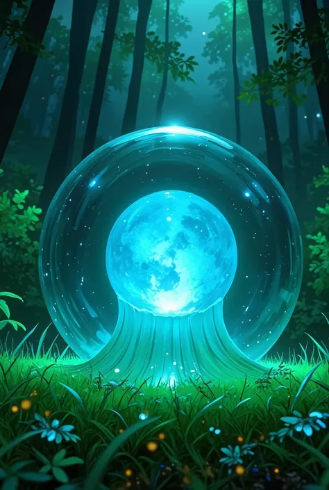 A creature made out of slime, like a gelatinous sphere of water. Enclosed within it is a blue sphere crystal. It is in a forest on the grass.