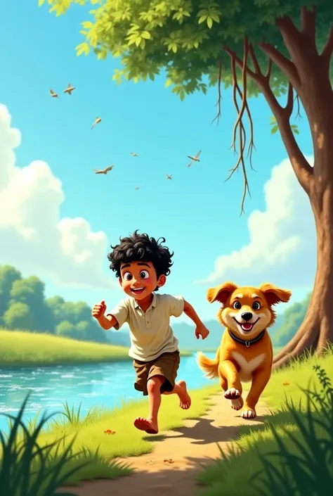 "A sunny day in a serene Bengali village. Ayan, an  boy with curly black hair, bright eyes, and a playful smile, runs barefoot along a grassy riverbank. He wears a simple white shirt and brown shorts, slightly mud-stained. Beside him, Buddy, a golden-furre...