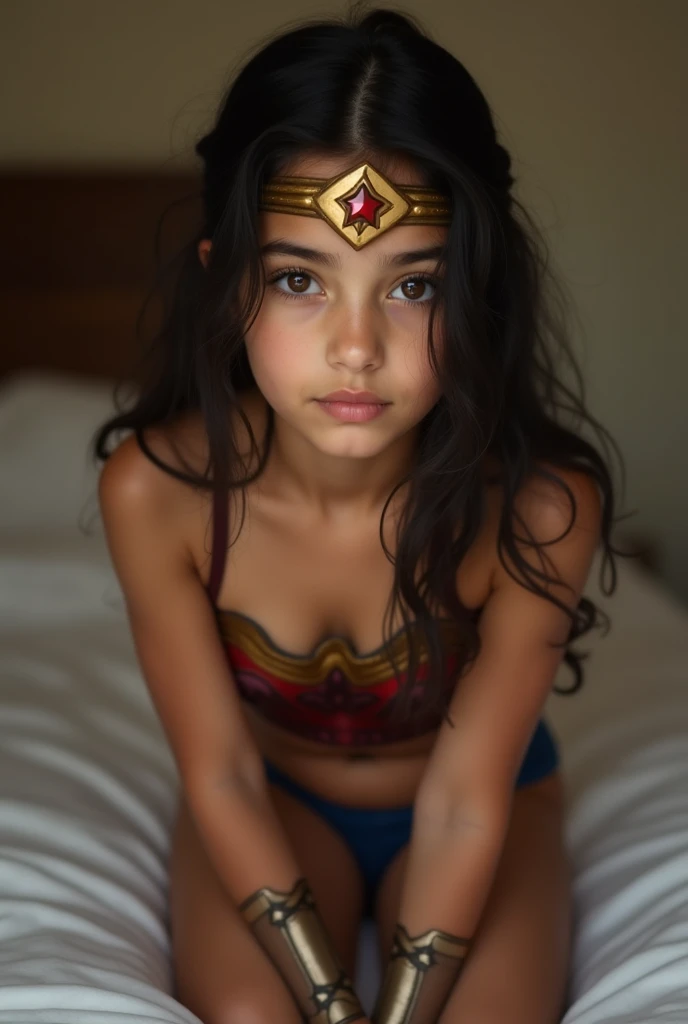 Cowboy shot of a beautiful slim young tween Arabic girl with black hair and extremely detailed large expressive brown eyes in  Wonder Woman lingerie  garters and socks kneeling in bed,  Wonder Woman lingerie , garters, socks, pecho pequeño,  Symmetrical an...