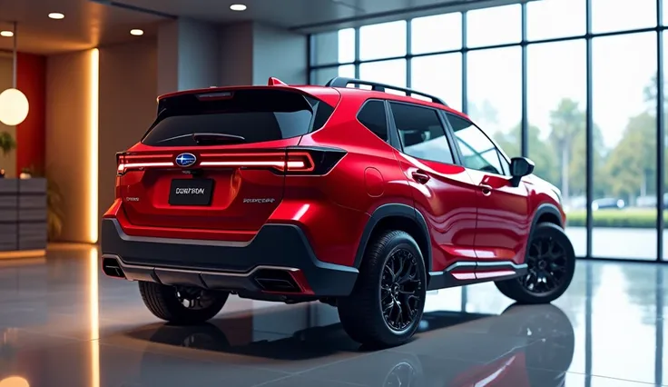 A captivating image of a ( 2025 Subaru Forester  ) taking center stage in a luxurious bright showroom. The futuristic, vibrant (full red)exterior gleams, showcasing its sleek, aerodynamic design and bold accents. The right side view highlights the cutting-...