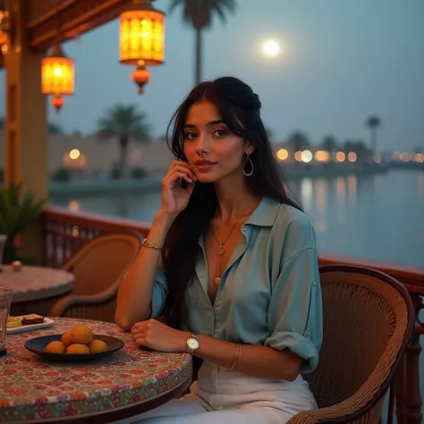 Create a cozy and warm image of a Persian woman sitting in a traditional Egyptian café by the Nile River during a breezy evening. She has long, glossy black hair pulled into a casual half-up style, framing her hazel eyes and radiant olive skin. She is wear...