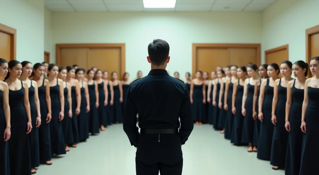 A large group of women standing in organized rows inside a brightly lit room with a minimalist, institutional design. The women are dressed uniformly in modest black undergarments with neutral tones, standing with their arms down, looking forward with calm...