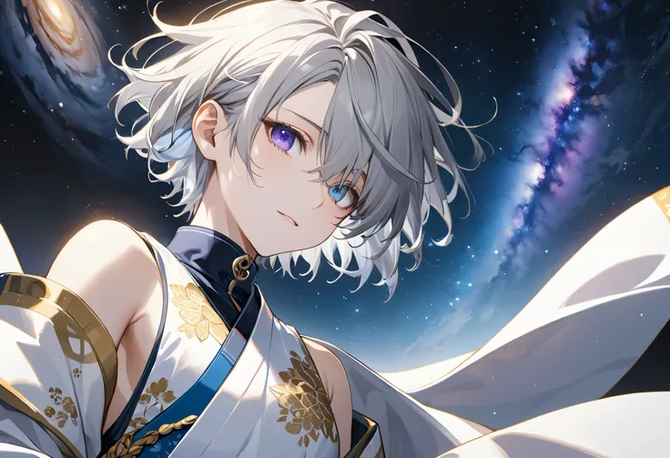 fresh illustration ,
Superfine painting,
very delicate illustration ,
Very fine details ,
Picture of only one boy ,
Height: 158cm,
white skin,
The right eye is purple and the left eye is blue iris heterochromia ,
beautiful eyes,
large black pupils ,
...