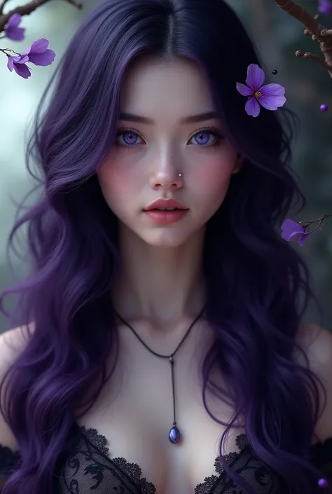  Full-length beautiful girl,  with dark purple hair and dark eyes :  one dark purple ,  another dark blue .