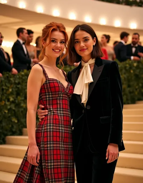 Full body shot of two friendly young women next to each each other on a staircase at a packed grand gala in the Guggenheim. Woman 1 is a young woman with her hair cut into a dark brown bob. She is wearing a sexy fitted black velvet tuxedo with a white asco...