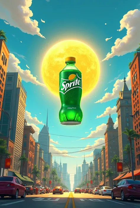 Create an image where the sprite drink is the daily sun of a city