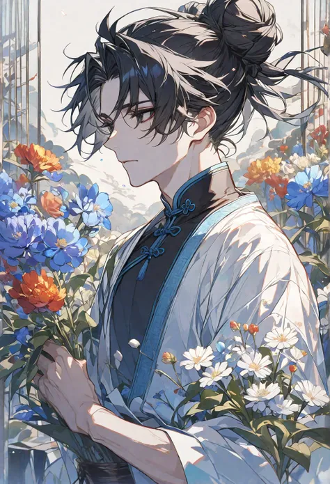 Alone, 1 male,  detailed black hair ,  hair tied in a bun ,  black eyes,  simple traditional Chinese tunic,  light blue and white tunic , variety of flowers, various shades 