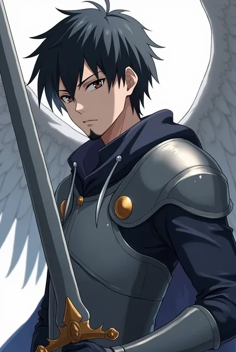 Male angel man , Using a long sword with a matte blade and no protector ,  wears full gray armor and has opaque colored wings .  He has short black hair and a well-trimmed short black beard,  His eyes are dark brown ,  He has a short beard ,  in anime styl...