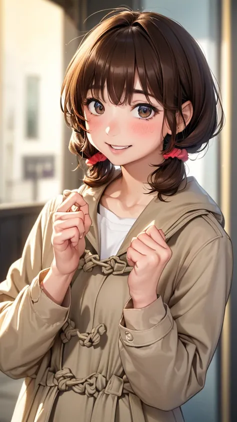 (Woman close up)、((Depiction of the upper body))、((20-year-old female))、((Smile))、((Hair tied back、Scrunchie、Brown Hair))、((Blushing))、((Open your mouth a little、High resolution、32K))、((Cute Duffle Coat))、((Late Night City、neon))