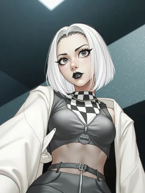 keep everything the same except the clothes. I want her to wear a tight black and white checked shirt and a short, tight black vest over it. a goth girl outfit