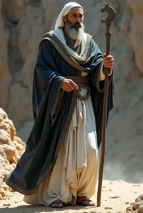 Prophet Moses full body  wear a black silver shawl lining and white dressing and hold a long stick and stand on the floor 