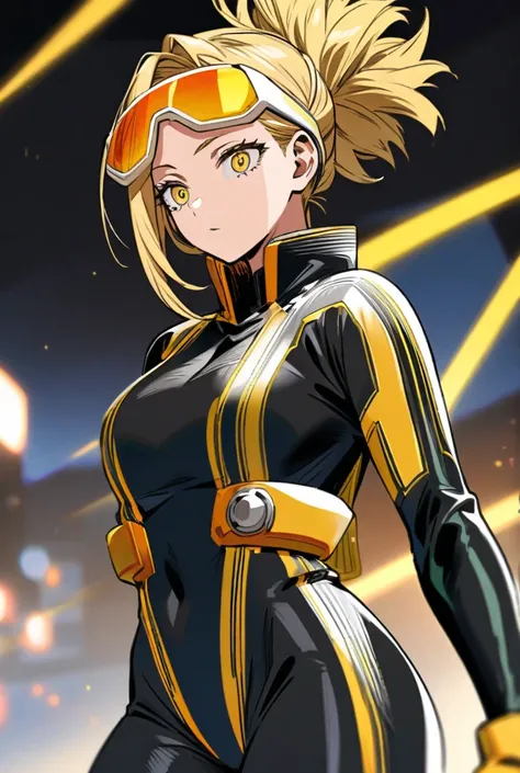 Blonde girl with yellow eyes. She is wearing a hero suit similar to Keigo Takami from my hero academia. The suit color based is black with yellow lines. In her head, there are pilot sun glasses.