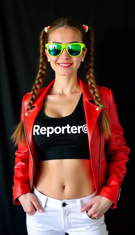  woman 20 years old,  long light brown hair,  green eyes,  huge breasts ,  flirty smile ,  white lycra mayas marks the vagina, black top with the legend "Reporter @" in white letters, hair two tails, fluorescent green sunglasses ,  short red open leather j...