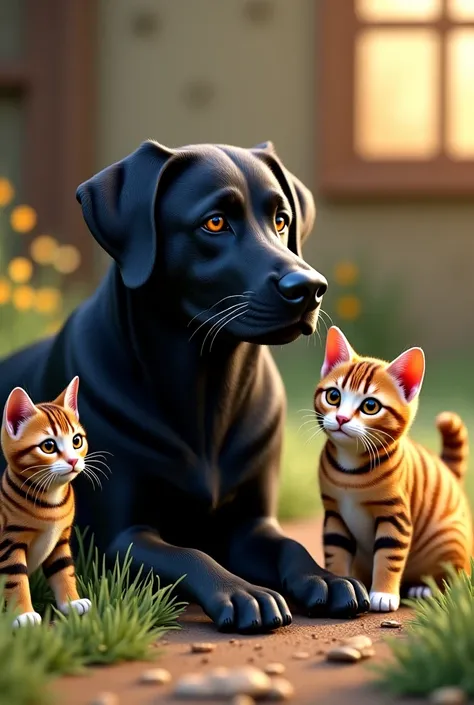 A black Labrador and two European tiger cats 