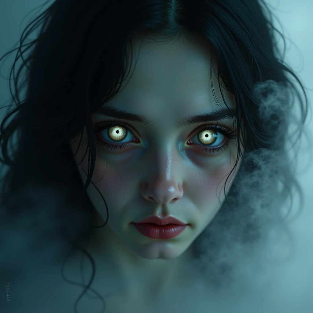 "A close-up of Mia’s ghostly face. Her expression is a mix of sadness and longing, her glowing eyes staring directly at Alex. The mist swirls softly around her, creating an ethereal effect."