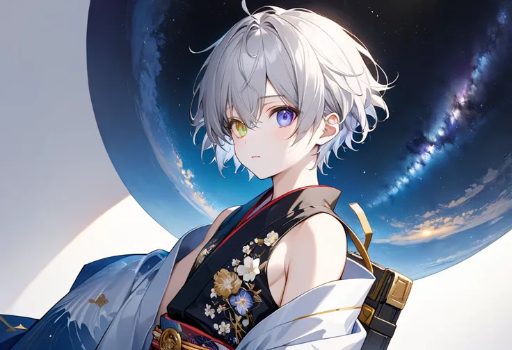  fresh illustration ,
Superfine painting,
 very delicate illustration ,
 Very fine details ,
Picture of only one boy ,
Height: 158cm,
 white skin,
The right eye is purple and the left eye is blue iris heterochromia ,
 beautiful eyes,
 large black pupils ,
...