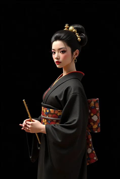 "Create a hyper-realistic, high-definition masterpiece featuring a noble and mysterious woman with a slender, elegant figure. She wears a traditional Japanese kimono intricately designed with complex and refined patterns, symbolizing her status and grace. ...