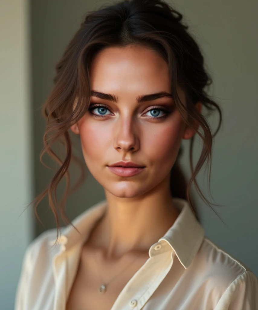 Generate a hyper-realistic image of a woman with the exact appearance from the provided reference photo, ensuring all details of her face, hair, skin tone, and body shape remain consistent. She should be in a portrait shot, gazing directly at the camera wi...