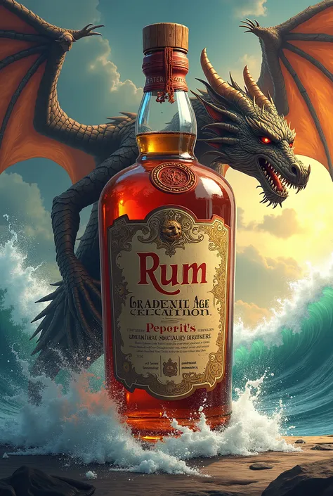 Rum bottle with a pirate and a flying dragon 