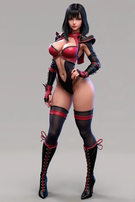 Juri Han from street fighter 6 in her alternate outfit, standing bent over in a seductive manner. In the style of a street fighter 6 3d render without a background