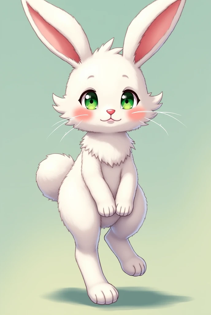 Anime girl, bunny style anthology. Green eyes, white fur, 2 legs 2 arms 1 cute body, she must be like human not , like Abdul one. Her body must have fur, white fur,, 