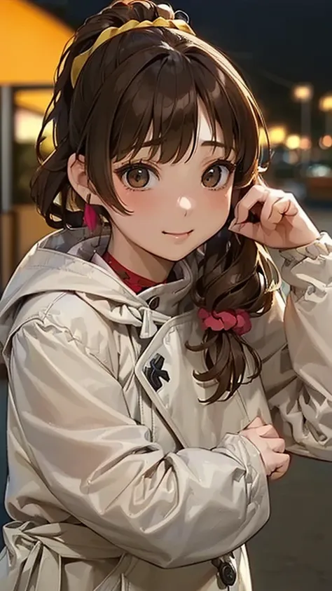 (((sloppily drooping gigantic braests:1.2)))、((tight waist))、(Woman close up)、((Depiction of the upper body))、((20-year-old  female))、((Smile))、((Hair tied back、Scrunchie、Brown Hair))、((Blushing))、((Open your mouth a little、High resolution、32K))、((Cute Duf...