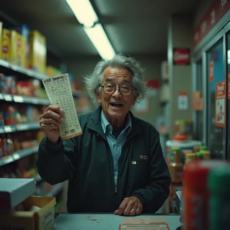 A small, dimly lit convenience store at dusk, with shelves of snacks and lottery advertisements in the background. Behind the counter stands an older employee with dishevelled grey hair and glasses, holding up a lottery ticket with a faint smile of curiosi...