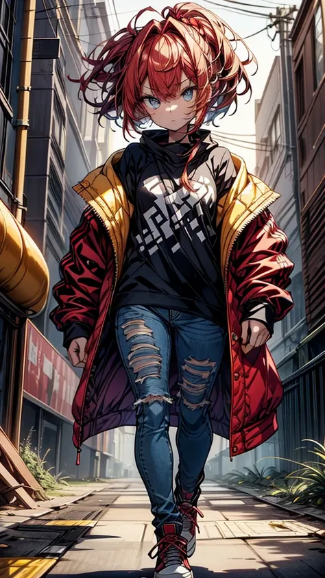 a very young girl ，Installation， short， **ddler figure ， flat chest， Thin Thighs ，Red hair color , hair is slightly damaged , Dark blue eyes， mocking expression on face ， with no one in the background ， yellow oversized jacket，dingy sneakers , damage jeans...