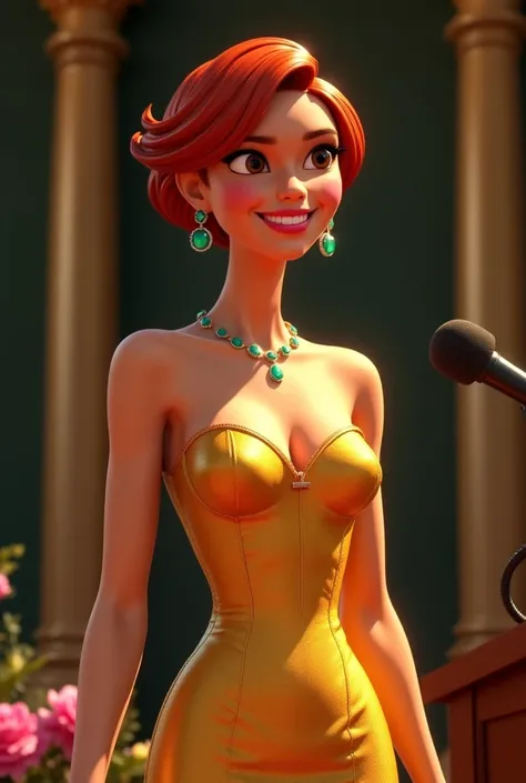  A girl in her 30s with short hair  , with red hair,  tight evening dress in gold, big bust. necklace, rings,  with emerald earrings . Thor is standing on the podium  ,  smiles. A , next to the microphone ,  on the floor there are bouquets of flowers .