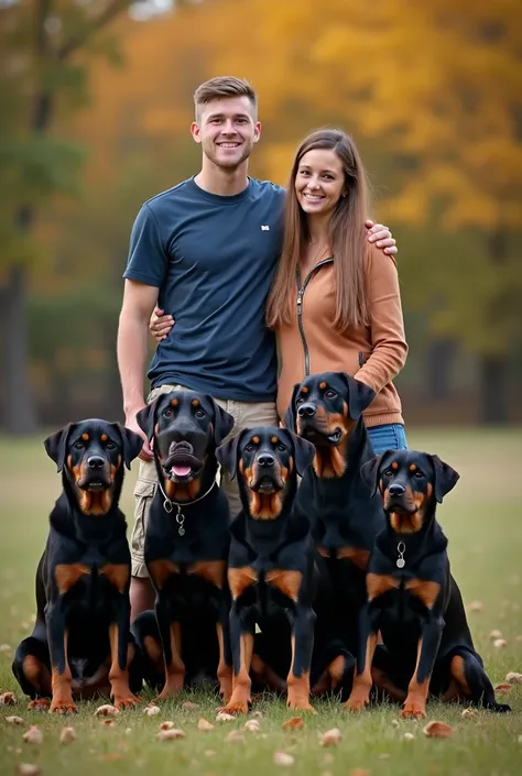  Present me an image of a family composed of a short haired Caucasian father who looks like me ,  a Latin mother with curly hair and a 15-year-old athletic son who is a mix of father and mother, accompanied by 4 Rottweilers  