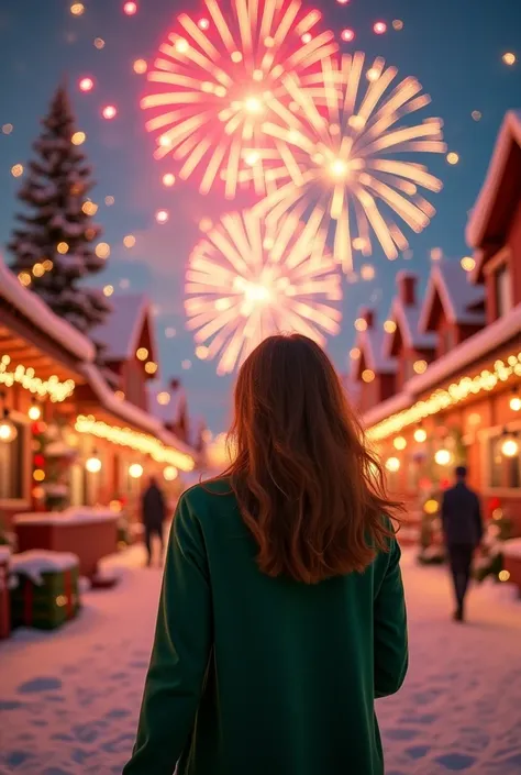 Christmas New Year with fireworks and in the background a cheerful woman traveling Christmas wearing a green shirt 