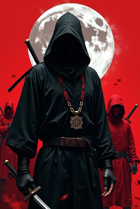 Create a realistic mysterious ninja dressed in black and red as a powerful ninja with his silence that identifies him as a red background white letters that say stop ,  on their right side ninja army men dressed the same as the one in black with red and a ...