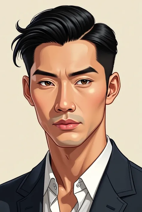 a formal illustration of a handsome tanned skin asian man. with sharp light brown eyes and visible whisker dimples. make his hair black and remove his facial hair.